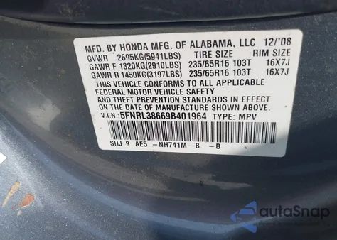 2009 Honda Odyssey Ex-L из США, поврежденный, VIN 5FNRL38669B401964